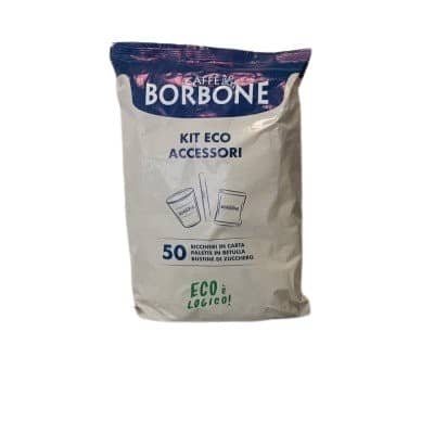 50  Bicchierini + 50 Palette + 50 zucchero Ecologico Compostabile Borbone