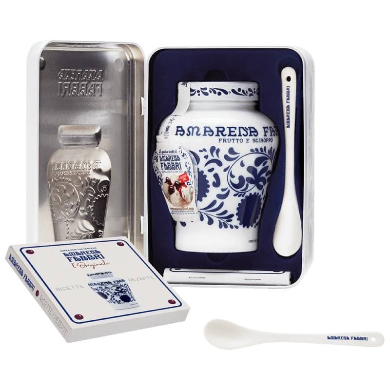 Latta Regalo Opalina 600g Amarene Sciroppate + Cucchiaio in Ceramica e Ricettario Fabbri, immagine 1