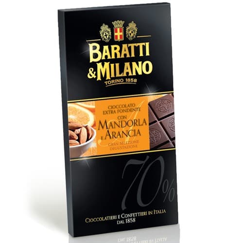 1 Tavola di Cioccolato Extra Fondente Mandorla e A rancia 75g Baratti & Milano, immagine 1