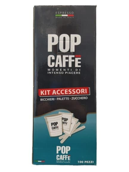 kit 100 bicchierini carta + zucchero bianco + pale tta Pop Caffè, immagine 1